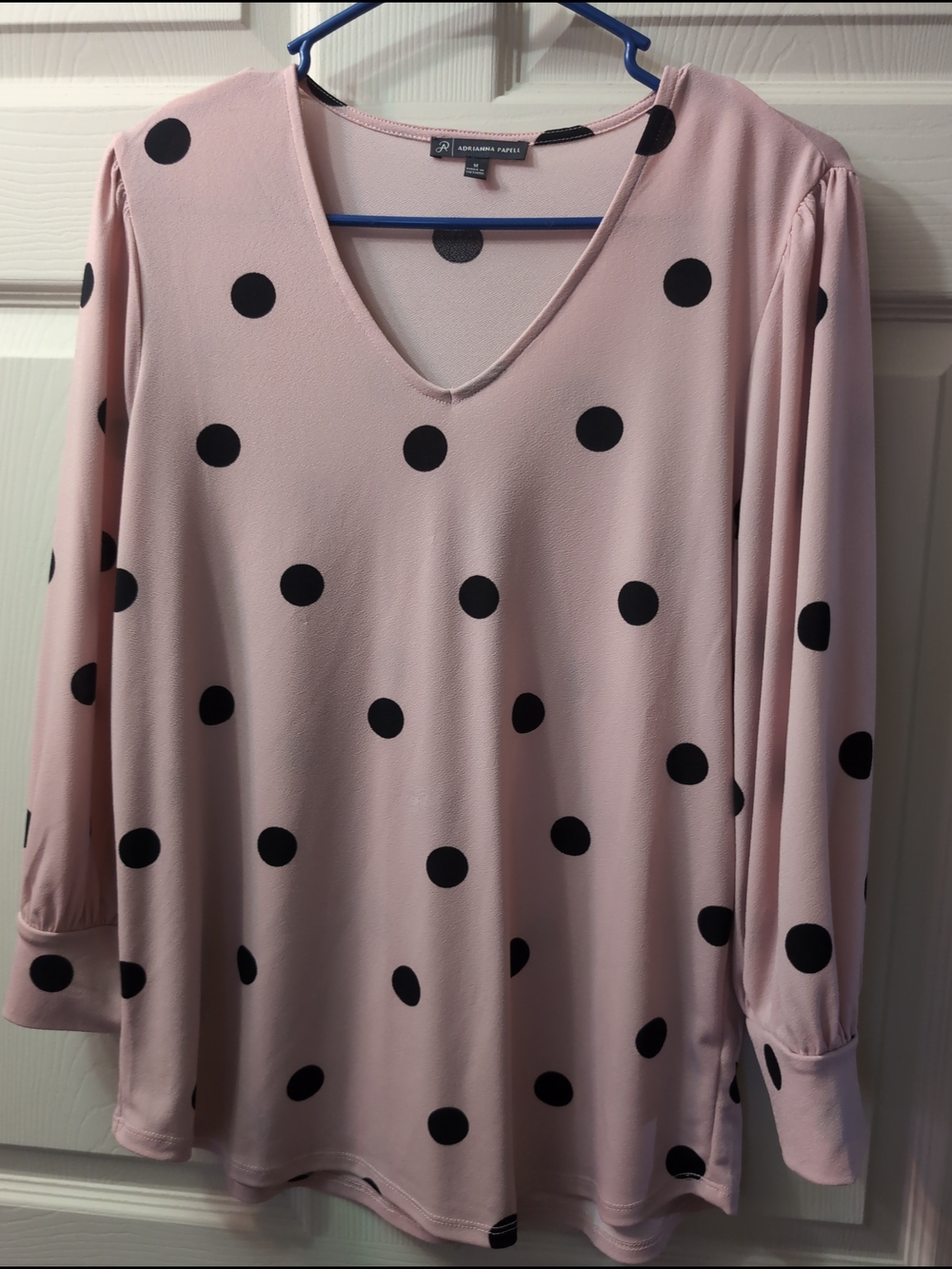 Adrianna Papell Pink Black Polka Dot V-Neck Blouse